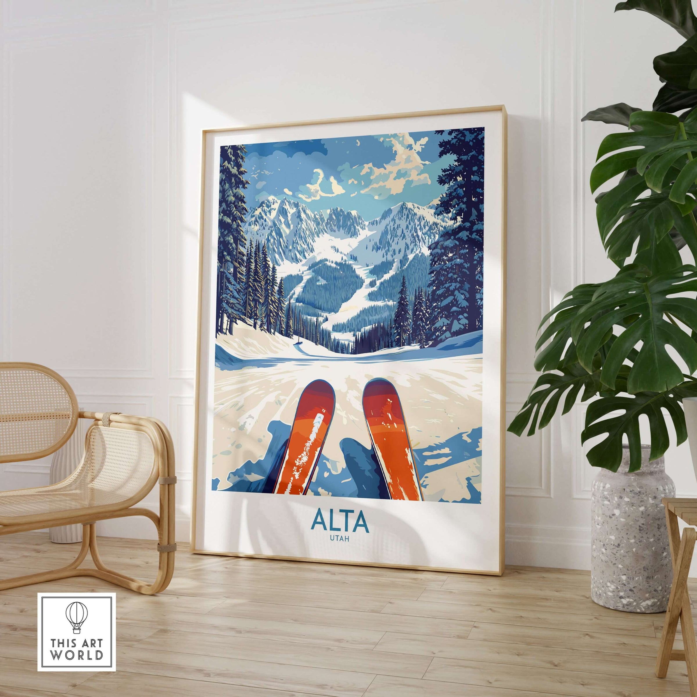 Alta Utah Ski Adventure Poster showcasing the Wasatch Range ski scene, perfect for winter decor.