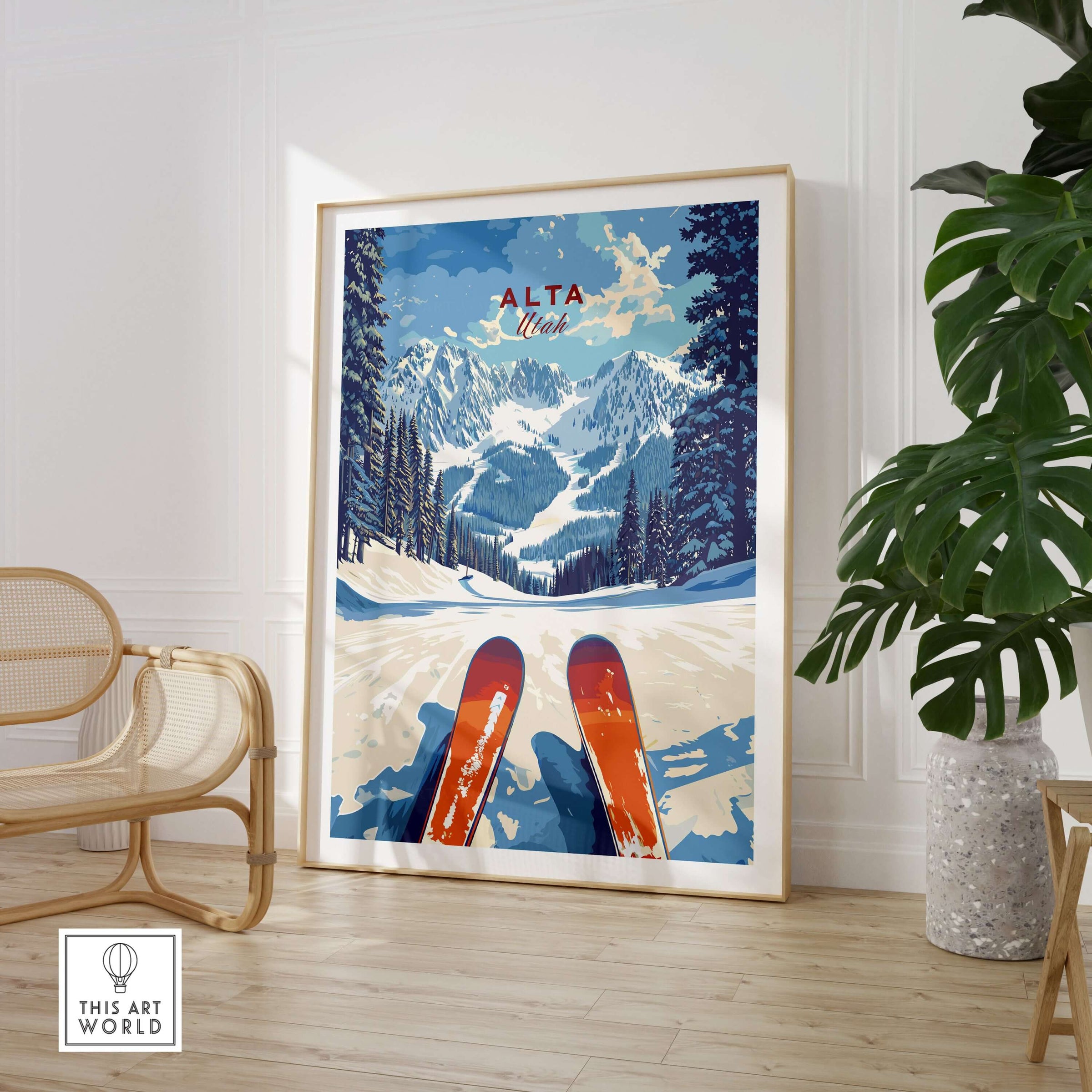 Alta Utah ski view print showcasing snowy mountains and skis, perfect for winter-themed wall art.
