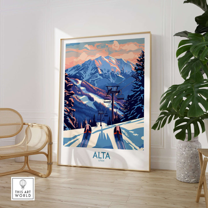 Alta Utah ski print featuring snowy mountains and ski lift, perfect winter sports travel decor.