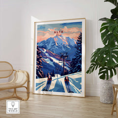 Alta Utah Ski Lift poster showcasing a dramatic sunset over mountains, perfect for cozy and adventurous décor.