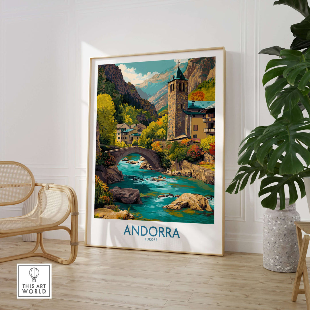 Andorra Art Print | Pyrenees Mountain Travel Poster in a stylish living room setting.