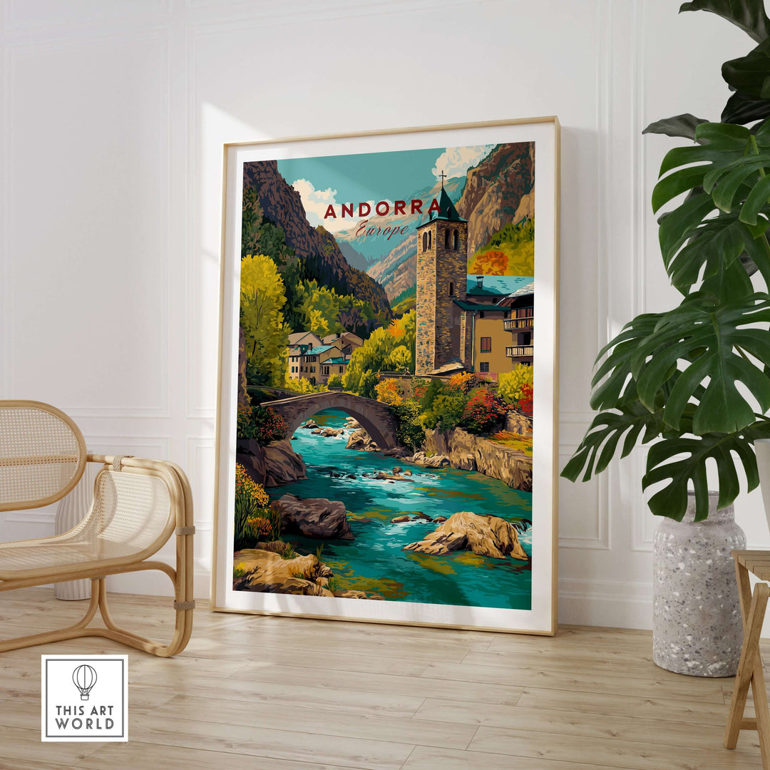 Andorra Valira River Valley Village Print | European Mountain Wall Decor in a stylish living room setting.