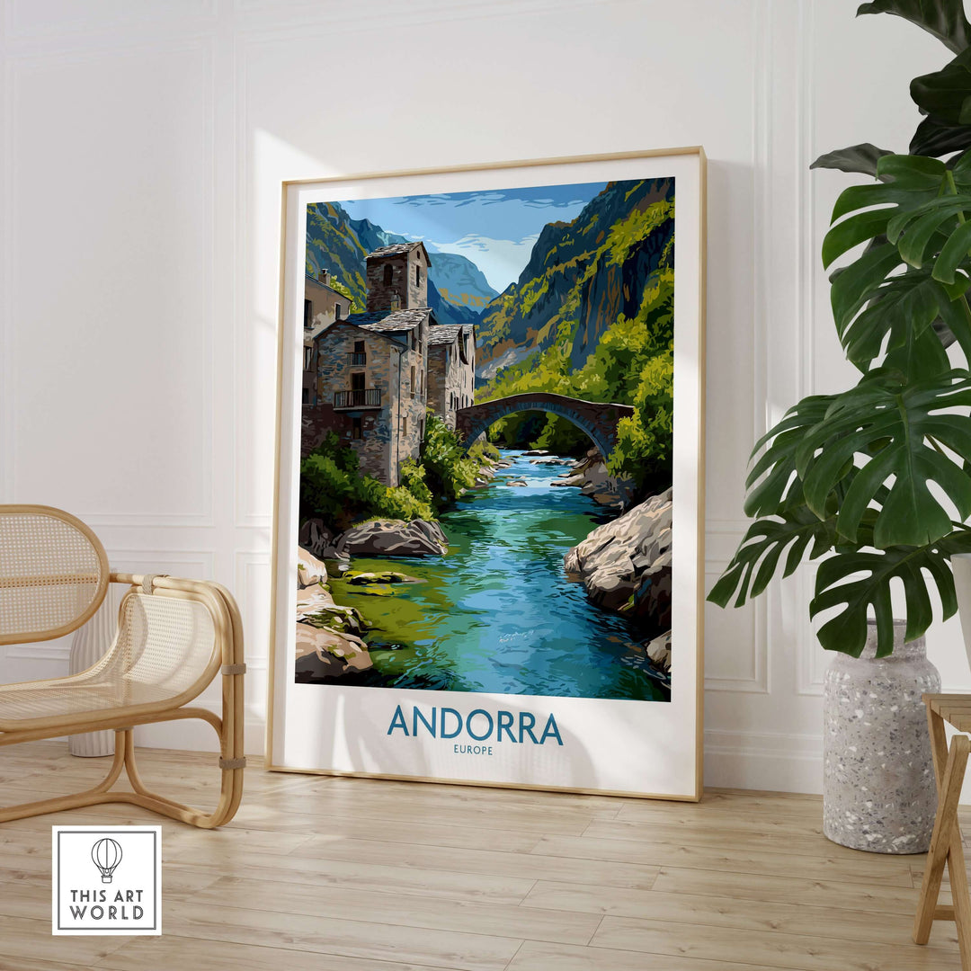 Andorra Old Town River Bridge Art Print | Pyrenees Architecture Poster displayed in a stylish setting with greenery.