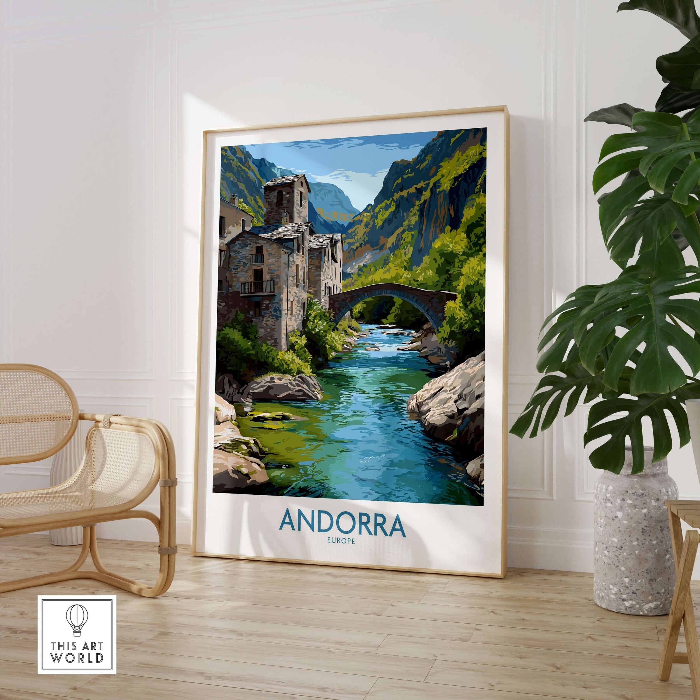 Andorra Old Town River Bridge Art Print | Pyrenees Architecture Poster showcasing a scenic river and bridge.