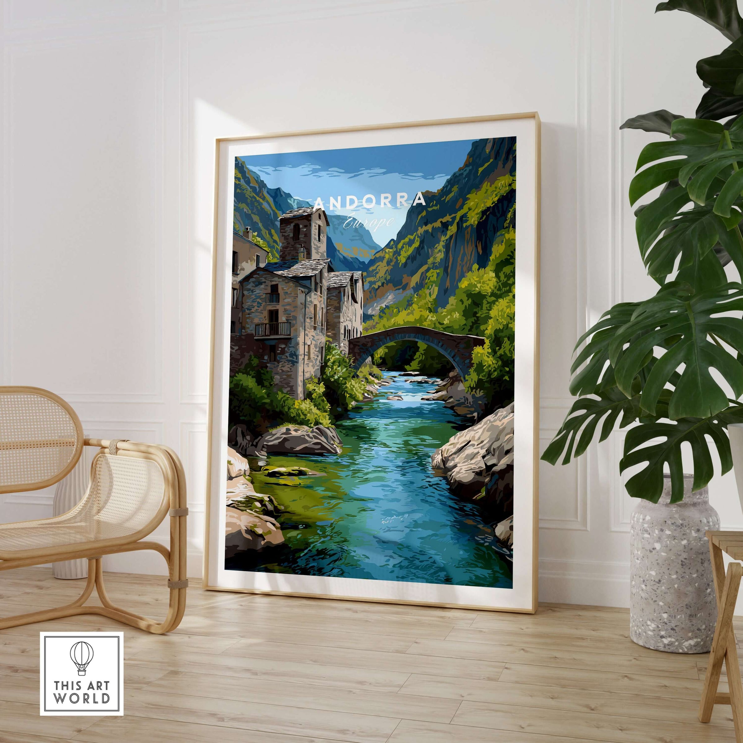 Andorra Poster | European Mountain Valley Decor featuring serene river and mountain landscape in stylish home setting.