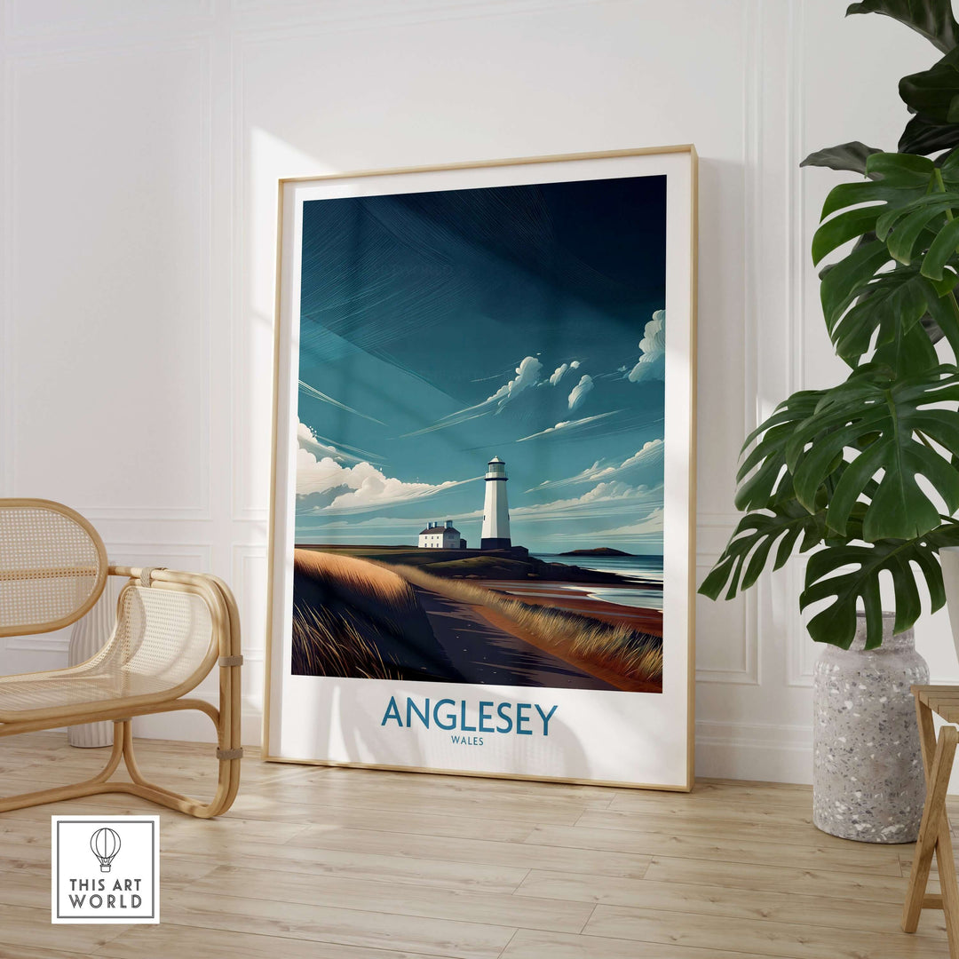 Anglesey Wales Seascape Poster featuring a lighthouse and coastal scenery, ideal for North Wales travel decor.