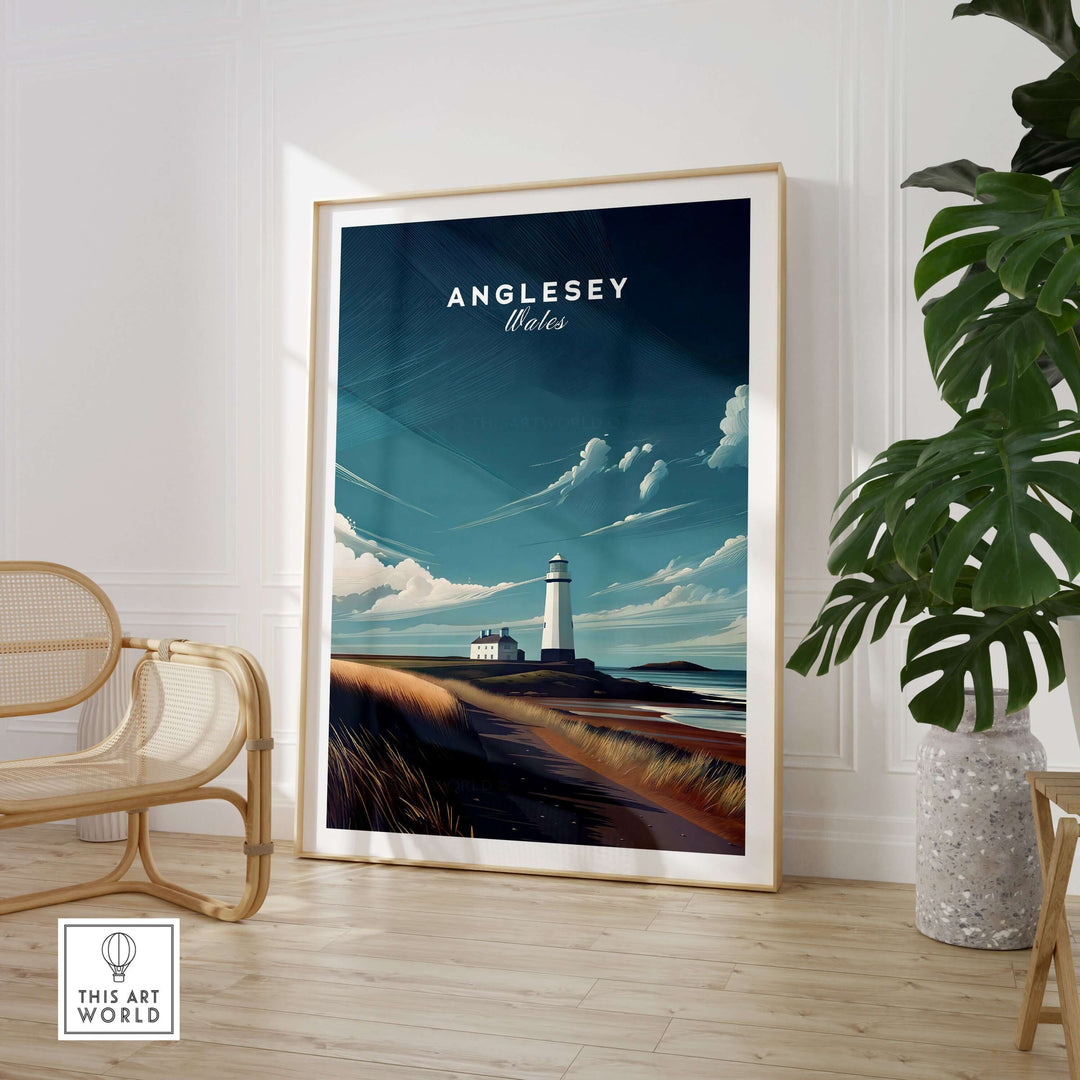 Anglesey Wales lighthouse coastal print in a modern interior setting, featuring serene landscape art.
