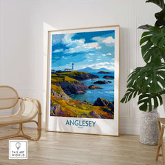 Anglesey Wales Print Grassy Cliffs Landscape - Welsh Island Travel Decor displayed in a cozy room.