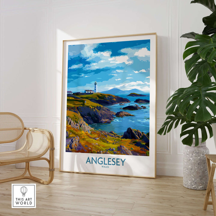 Anglesey Wales print showcasing grassy cliffs and lighthouse, perfect for travel decor enthusiasts.