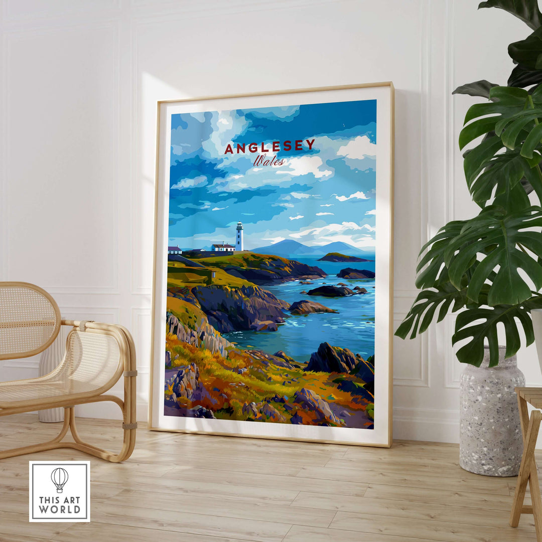 Anglesey Wales poster featuring a rocky coast and lighthouse, Celtic sea wall art for home decor.