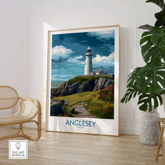 Anglesey Wales Scenic Seascape Poster - Welsh Lighthouse Decor in a stylish interior setting with a framed lighthouse artwork.