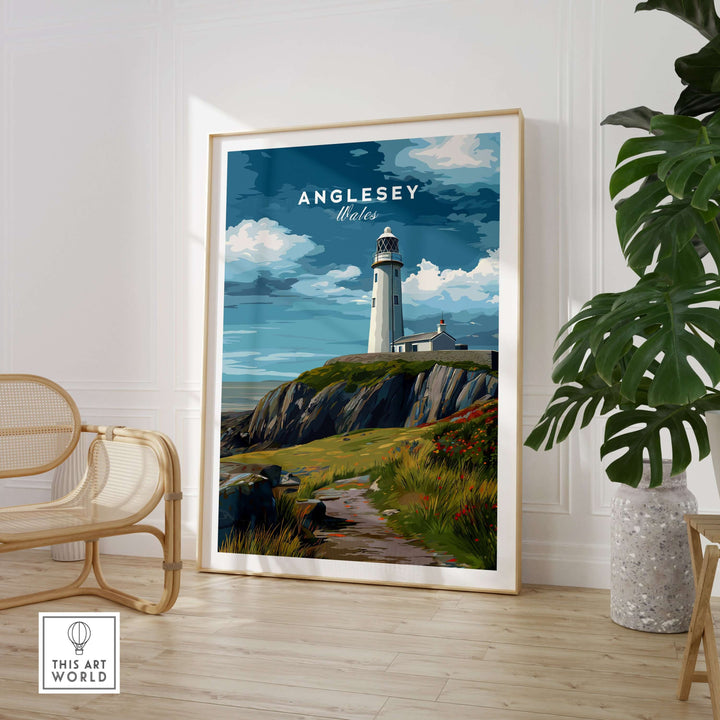 Anglesey lighthouse print on cliffs, coastal path wall art for serene home decor.