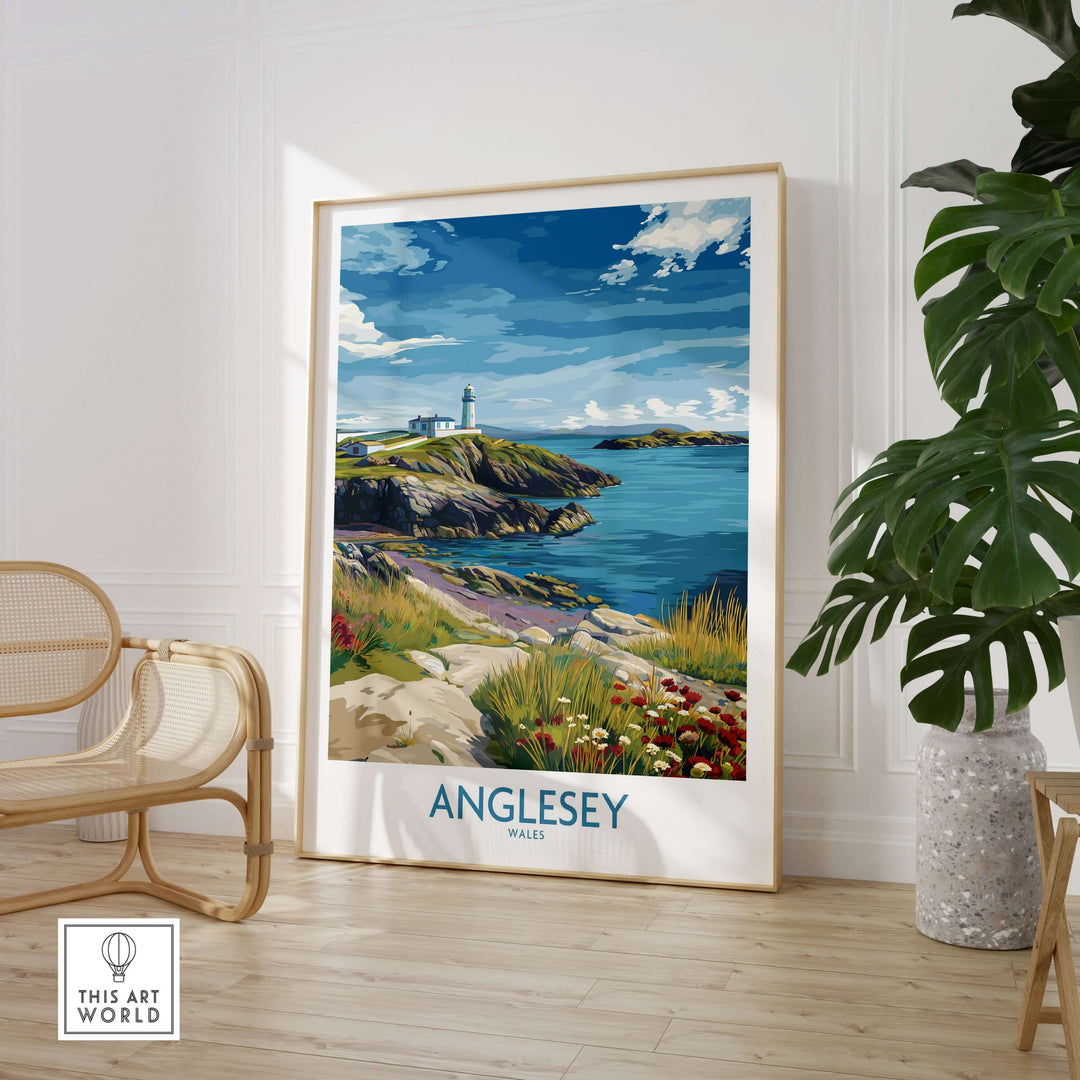 Anglesey Wales seaside print featuring coastal scenery and vibrant flowers, ideal for home decor.