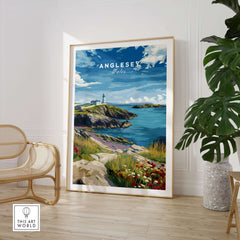 Anglesey Wales Wildflowers Lighthouse Poster - Vibrant Coastal Wall Art displayed in a stylish interior.