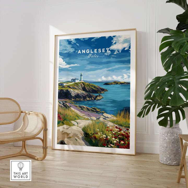 Anglesey Wales lighthouse poster showcasing vibrant wildflowers and coastal scenery, ideal for wall art.