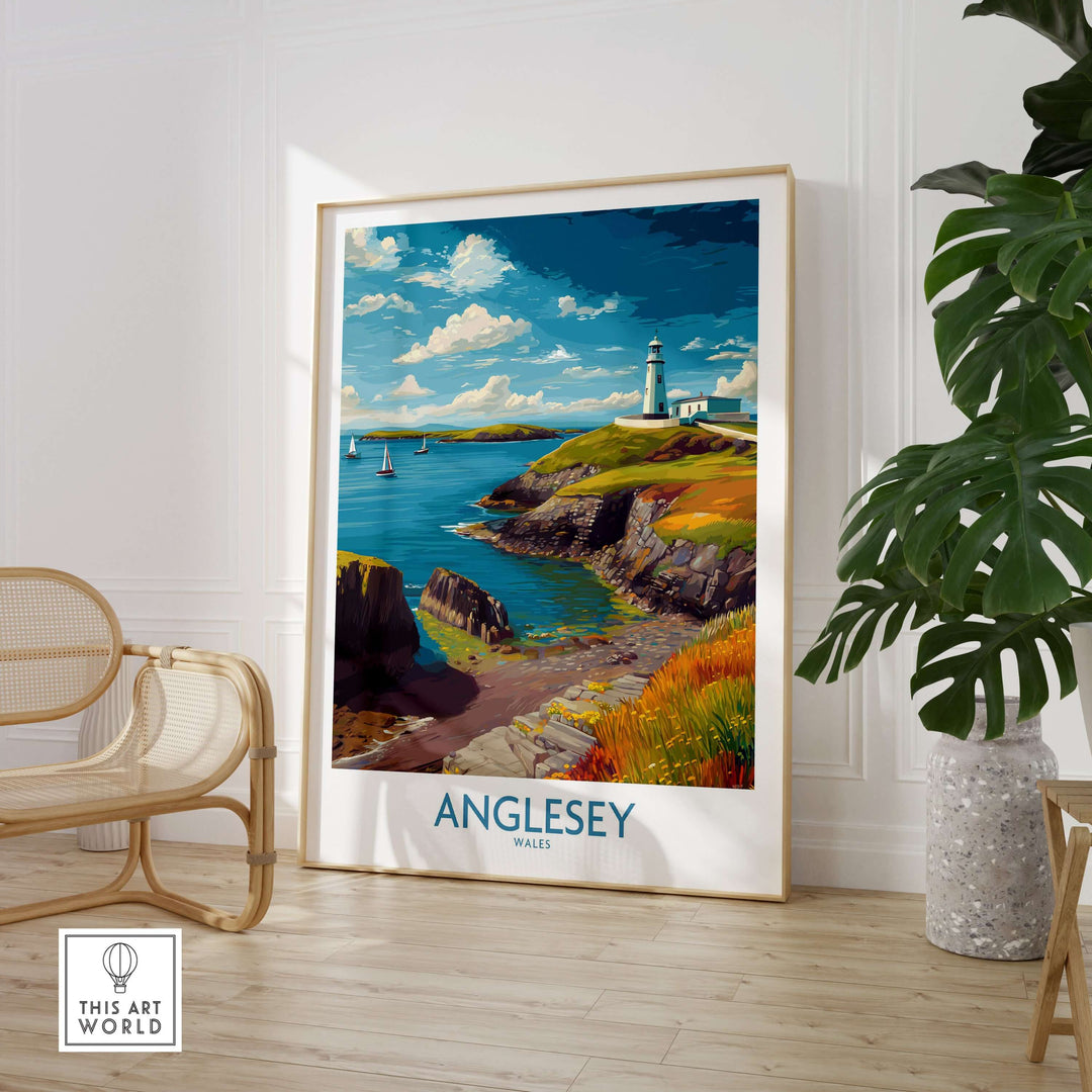 Anglesey Wales ocean view travel poster featuring stunning coastal landscape and lighthouse decor.