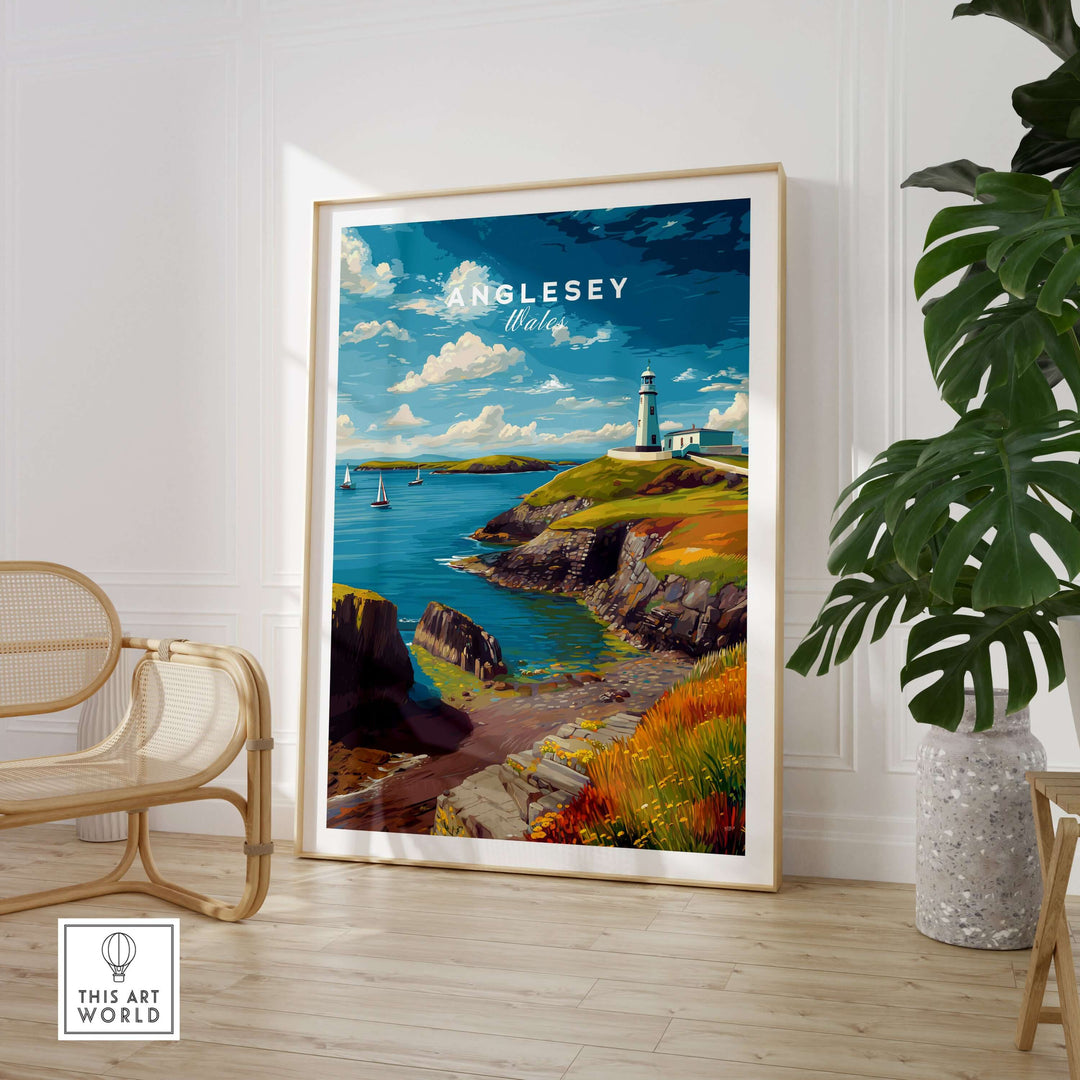 Anglesey Wales lighthouse and sailboats print displayed as coastal wall art in a stylish room setting.