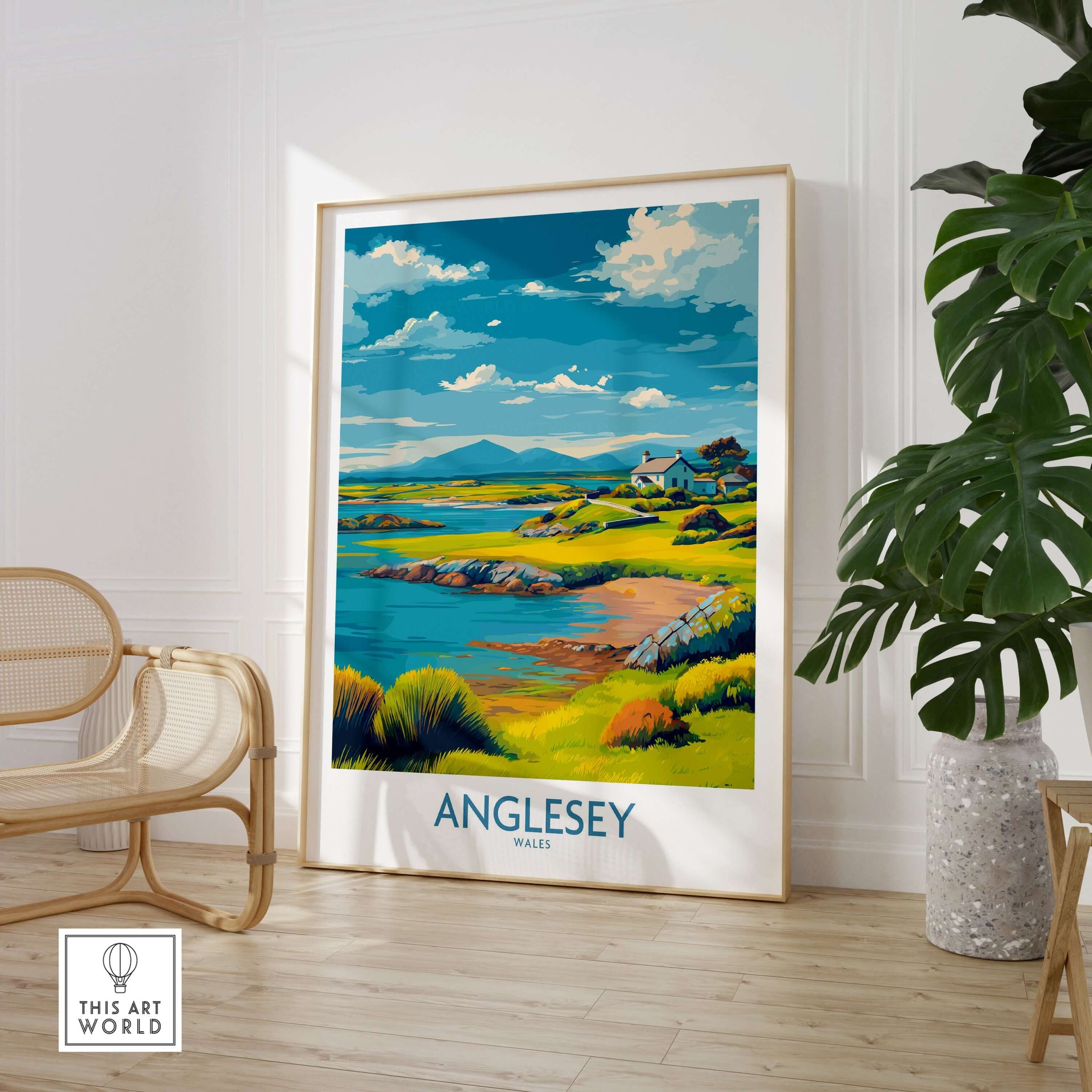 Anglesey Wales Tranquil Bay Poster - Welsh Countryside Travel Decor displayed in a stylish interior setting.