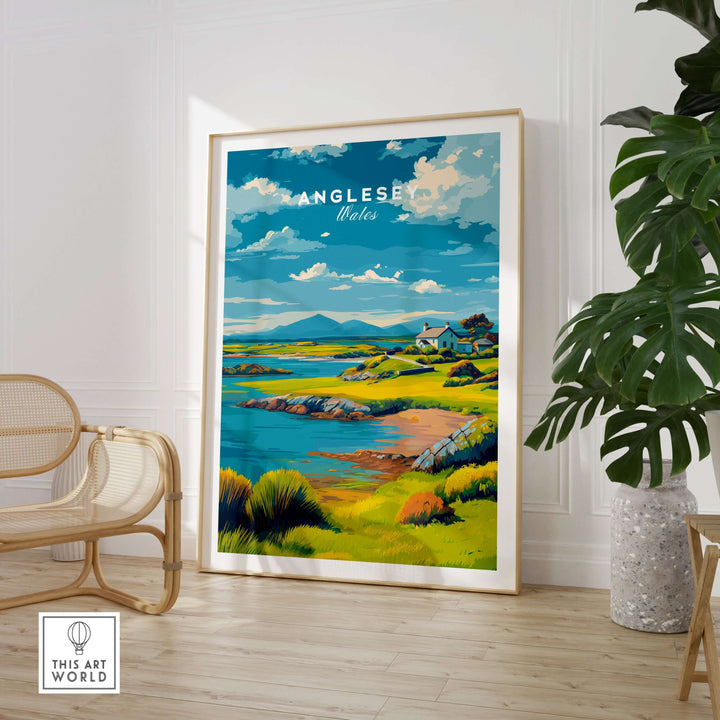 Anglesey Wales green coastline print featuring lush fields and serene waters, perfect for rural landscape wall art.
