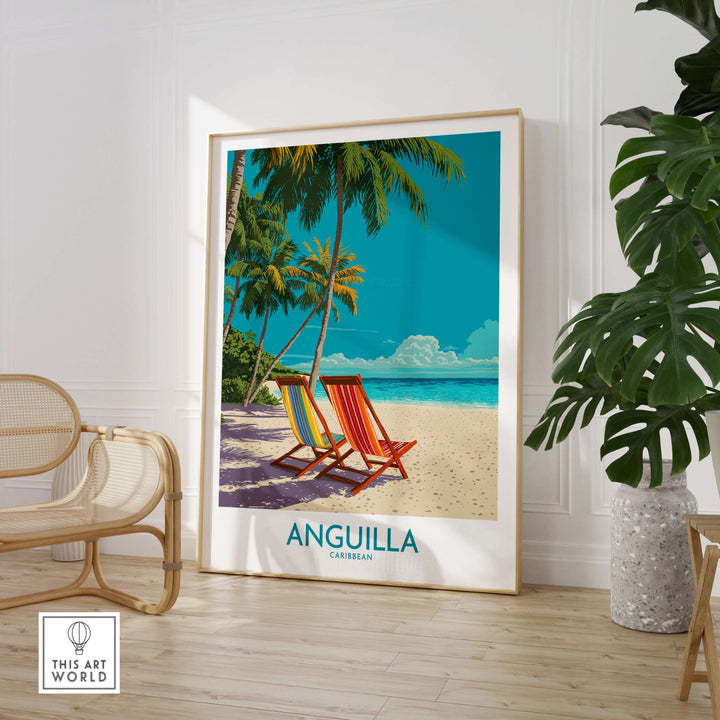 Vibrant Anguilla Caribbean sunset poster featuring colorful beach chairs and tropical scenery, perfect for home decor.