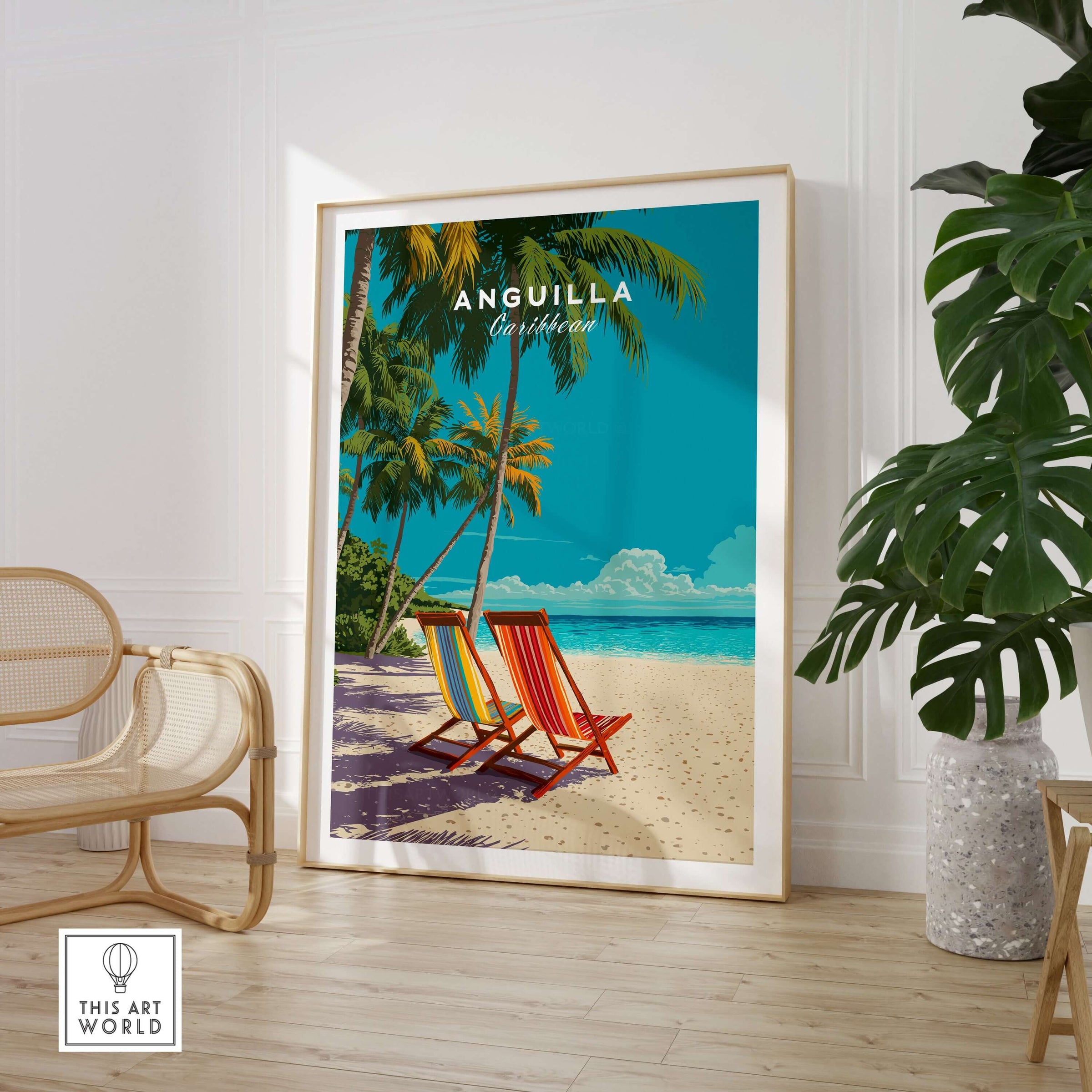 Anguilla Caribbean Wall Art - Tropical Island Print featuring colorful beach chairs and tropical scenery.