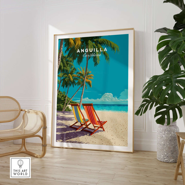 Anguilla Caribbean wall art featuring colorful beach chairs and tropical scenery, perfect for home decor.