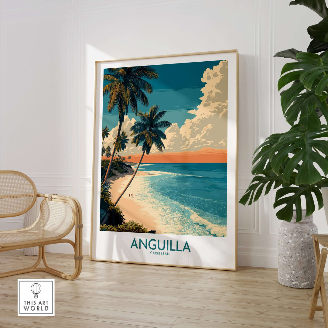 Anguilla Caribbean travel poster featuring stunning beach and palm trees in stylish home decor setting.