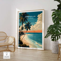 Anguilla Poster Caribbean Beach Wall Art displayed in a stylish room with tropical decor and a cozy chair.