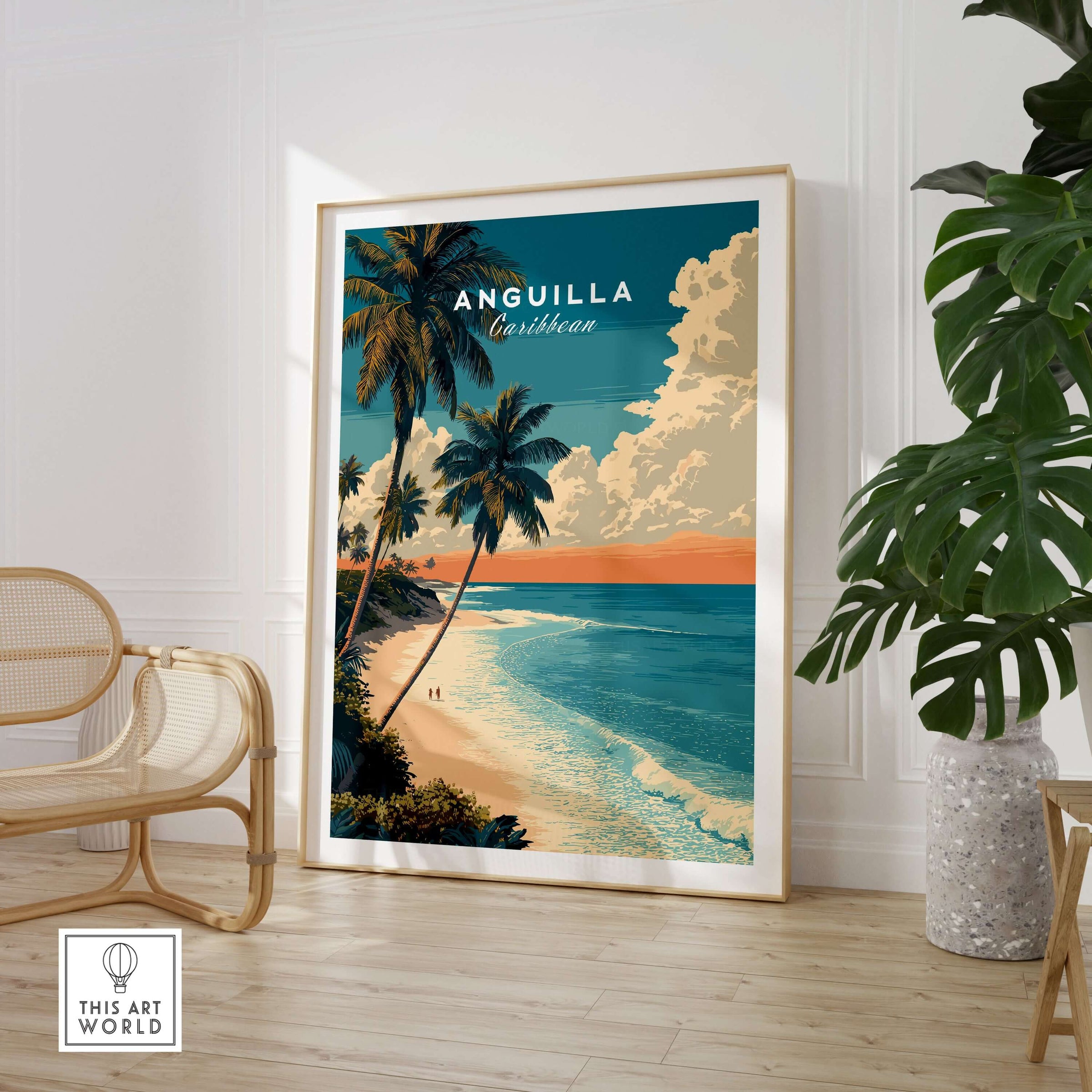 Anguilla Poster Caribbean Beach Wall Art displayed in a stylish room with tropical decor and a cozy chair.