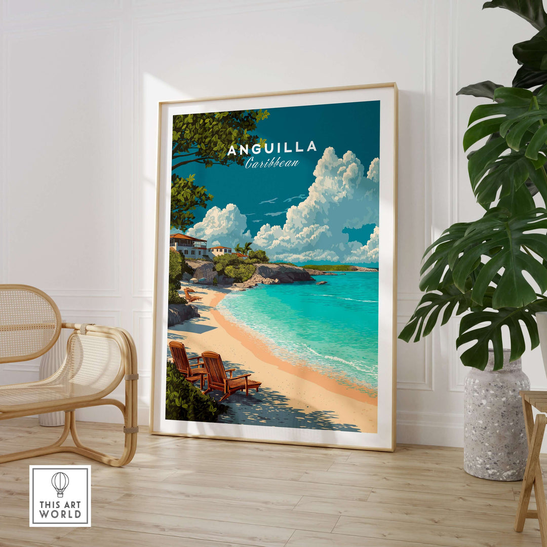 Anguilla Caribbean beach print in a stylish room, featuring clear waters and sandy shores, perfect for a calming decor.
