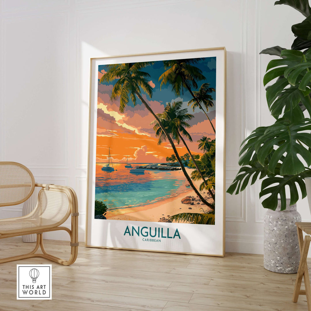 Anguilla Caribbean print showcasing a vibrant sunset over tranquil waters with palm trees, perfect for coastal home decor.