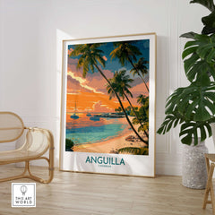 Anguilla Caribbean Print - Caribbean Seascape Wall Art featuring a vibrant sunset and palm trees.