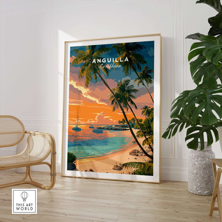 Anguilla poster showcasing a vibrant Caribbean sunset beach scene with palm trees and boats in a peaceful setting.