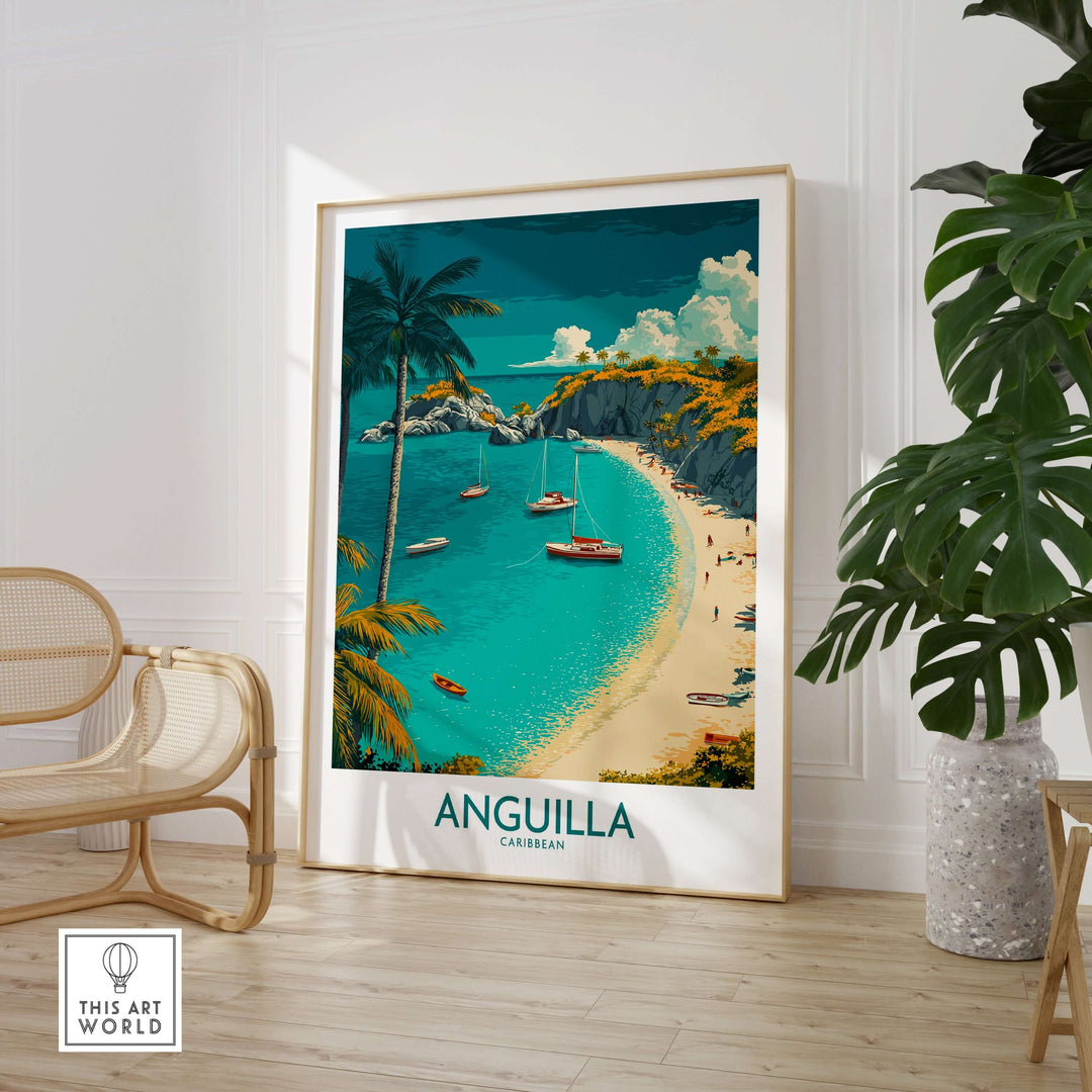 Anguilla Caribbean beach poster showcasing turquoise waters and lush palm trees, perfect for tropical home decor.
