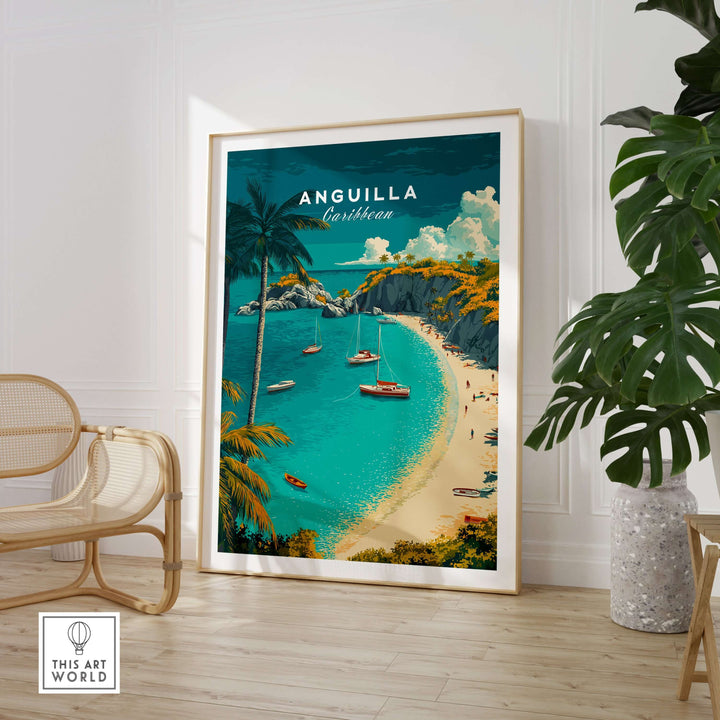 Anguilla travel poster featuring stunning beach and boats, perfect Caribbean wall art for home decor.
