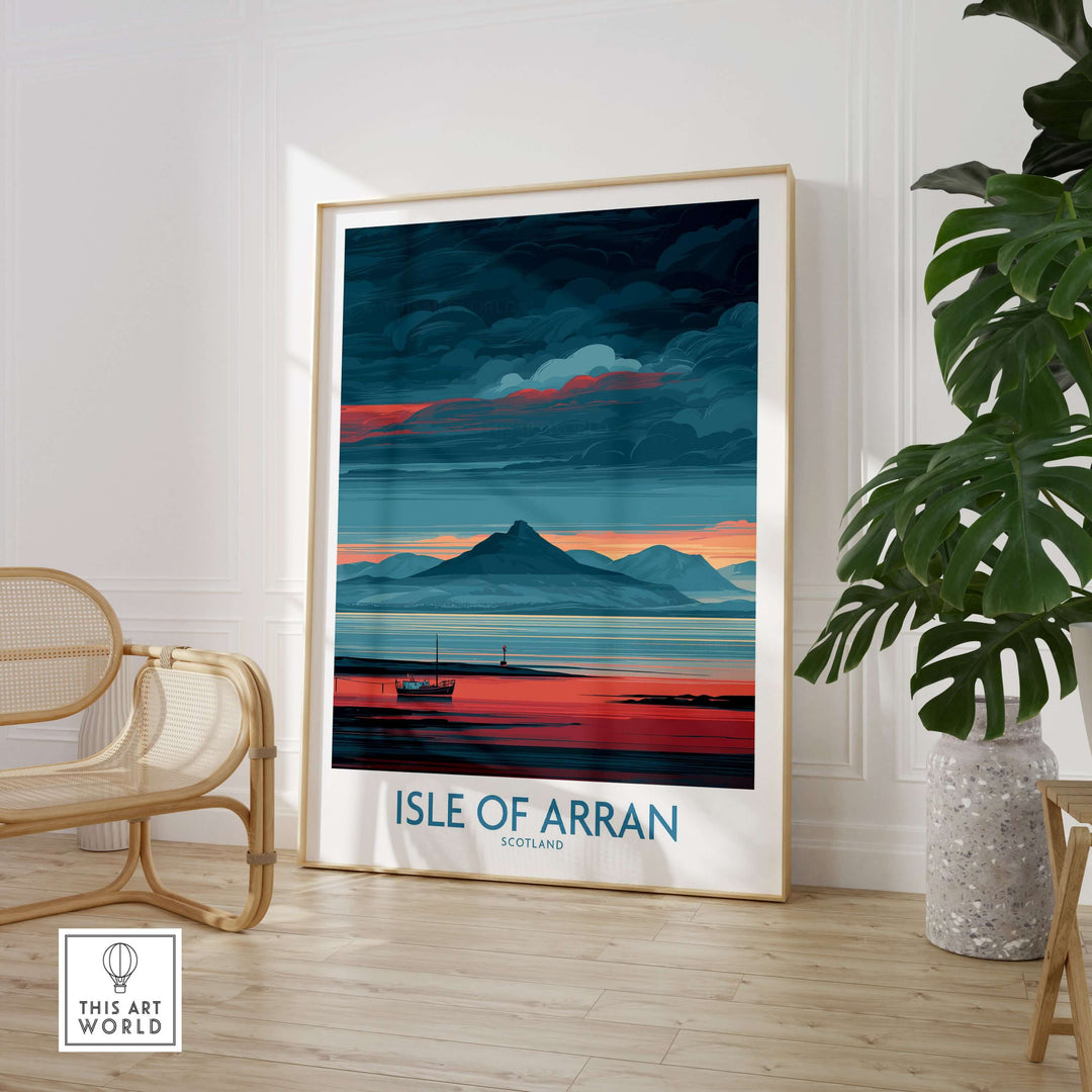 Isle of Arran poster featuring a coastal seascape, showcasing Scotland's serene beauty and vibrant colors.