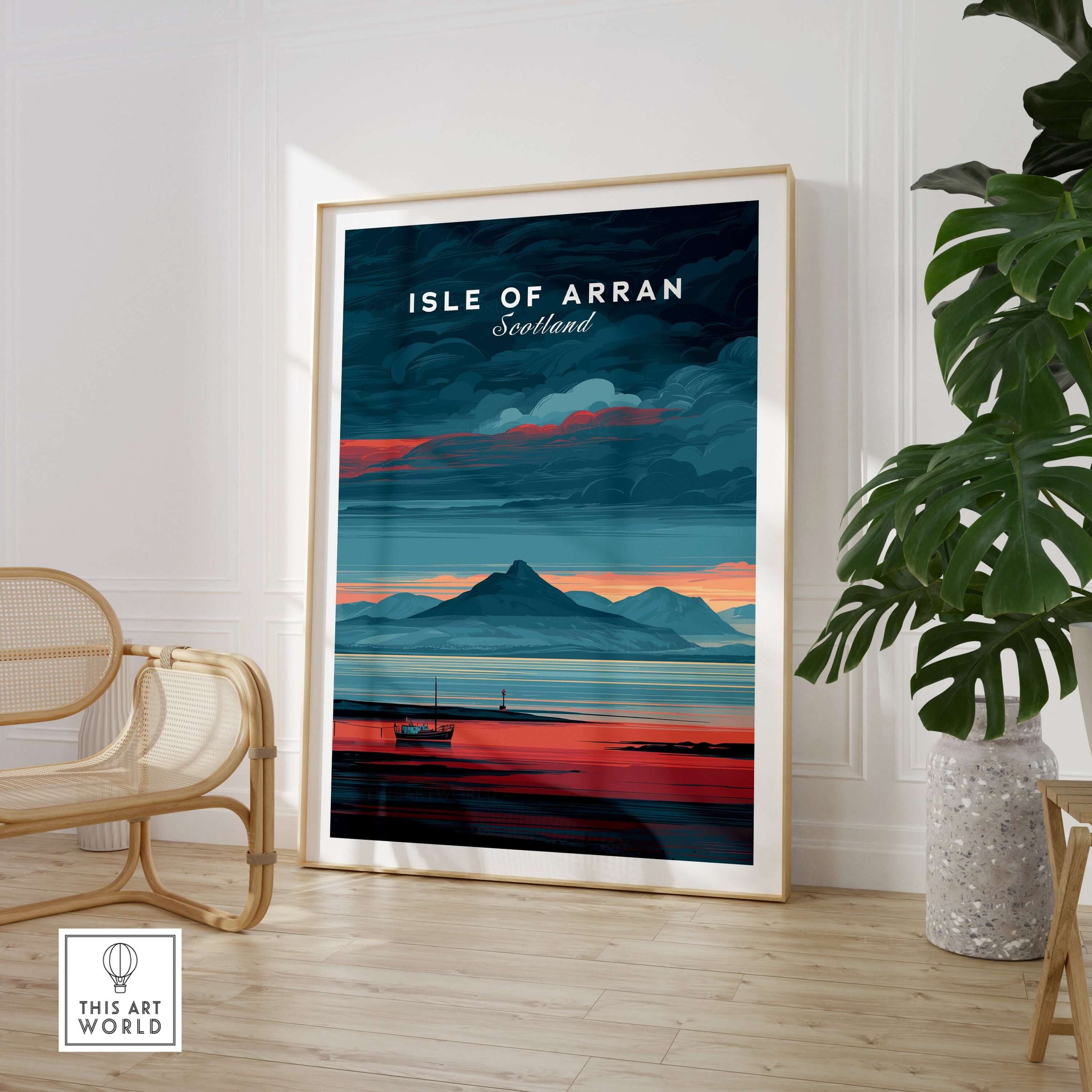 Isle of Arran Print Scotland Mountain Sunset - Dramatic Scottish Landscape Art framed in a stylish interior setting.