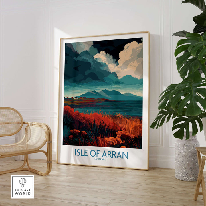 Isle of Arran Scotland poster featuring stormy skies and landscape, perfect for home decor.