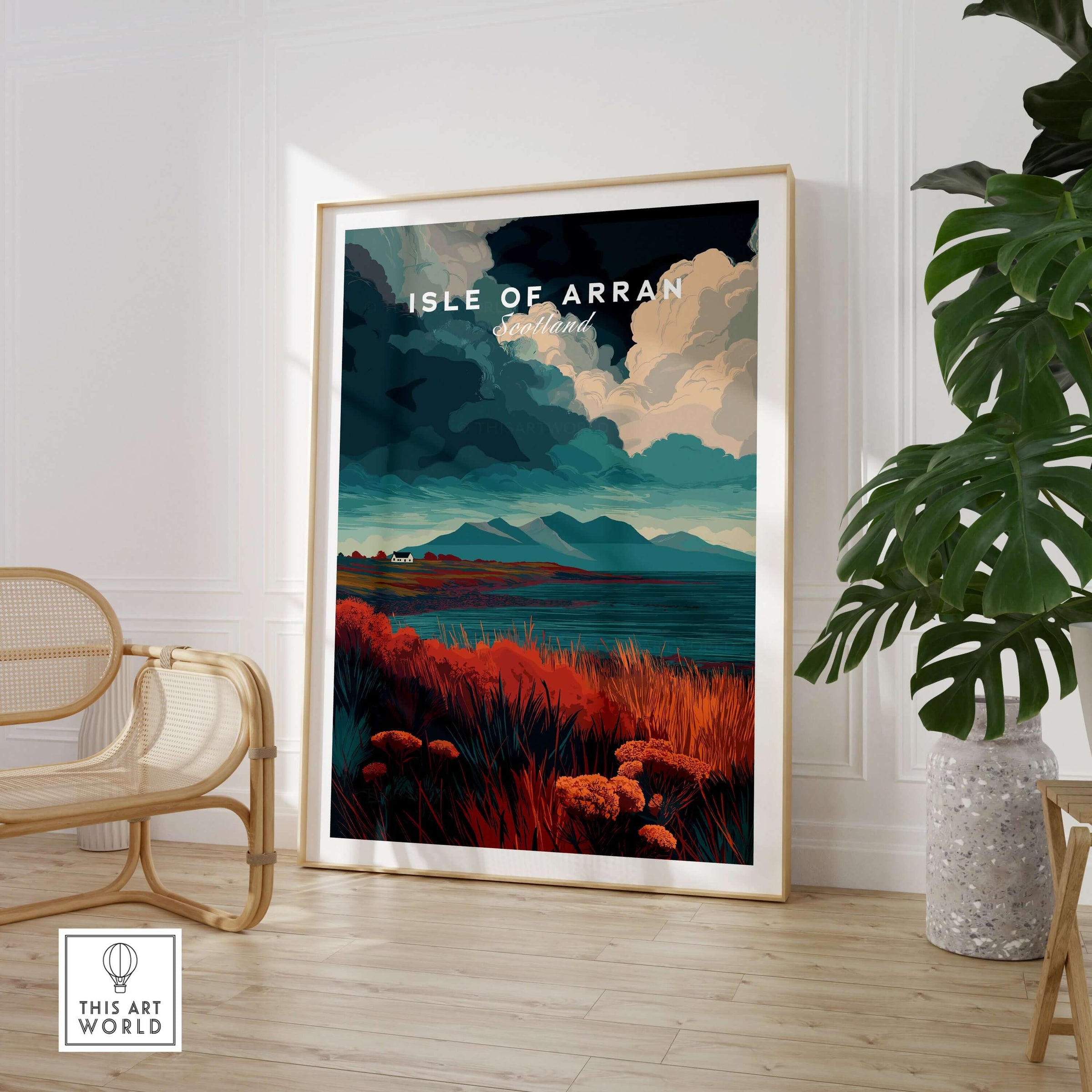 Isle of Arran Scotland Wall Art - Rugged Scottish Highlands Print framed in modern home interior with plant.