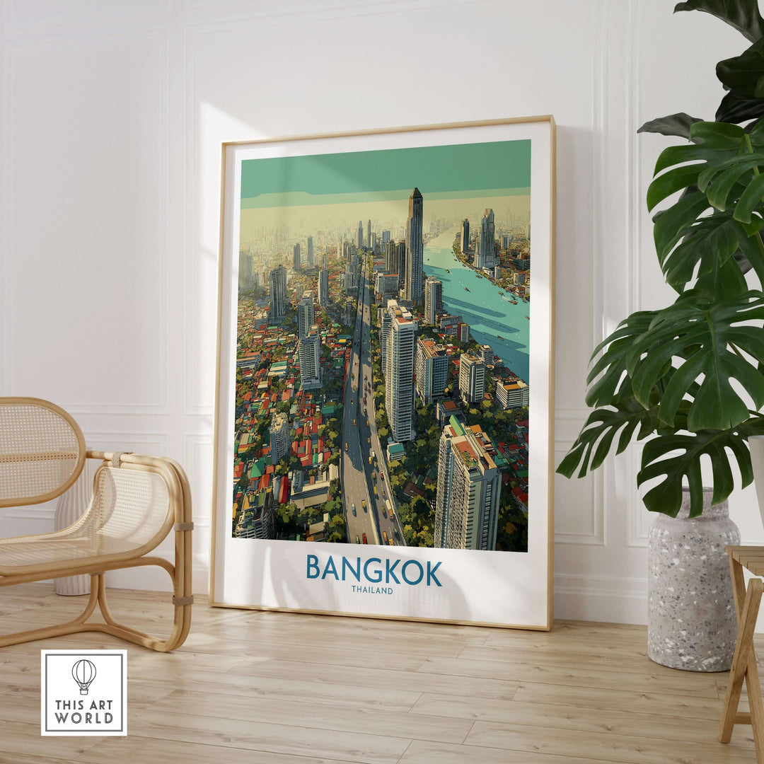 Modern cityscape poster of Bangkok Thailand showcasing urban architecture and vibrant city life.