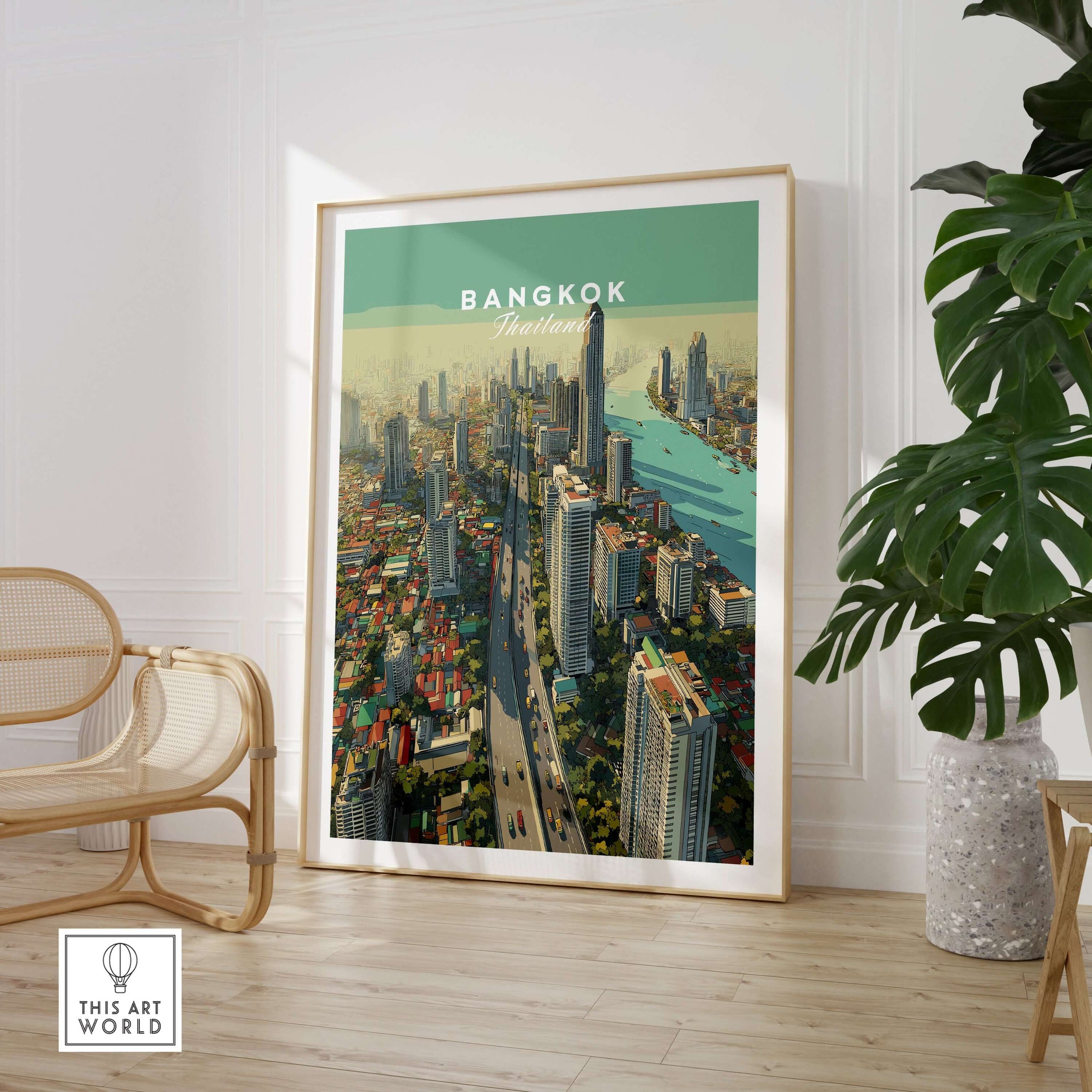 Bangkok Thailand City Skyline Poster - High-Rise Urban Landscape Print displayed in a modern interior setting.