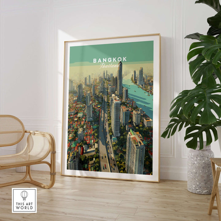 Bangkok city skyline poster featuring high-rise buildings and river views, vibrant urban landscape decor.