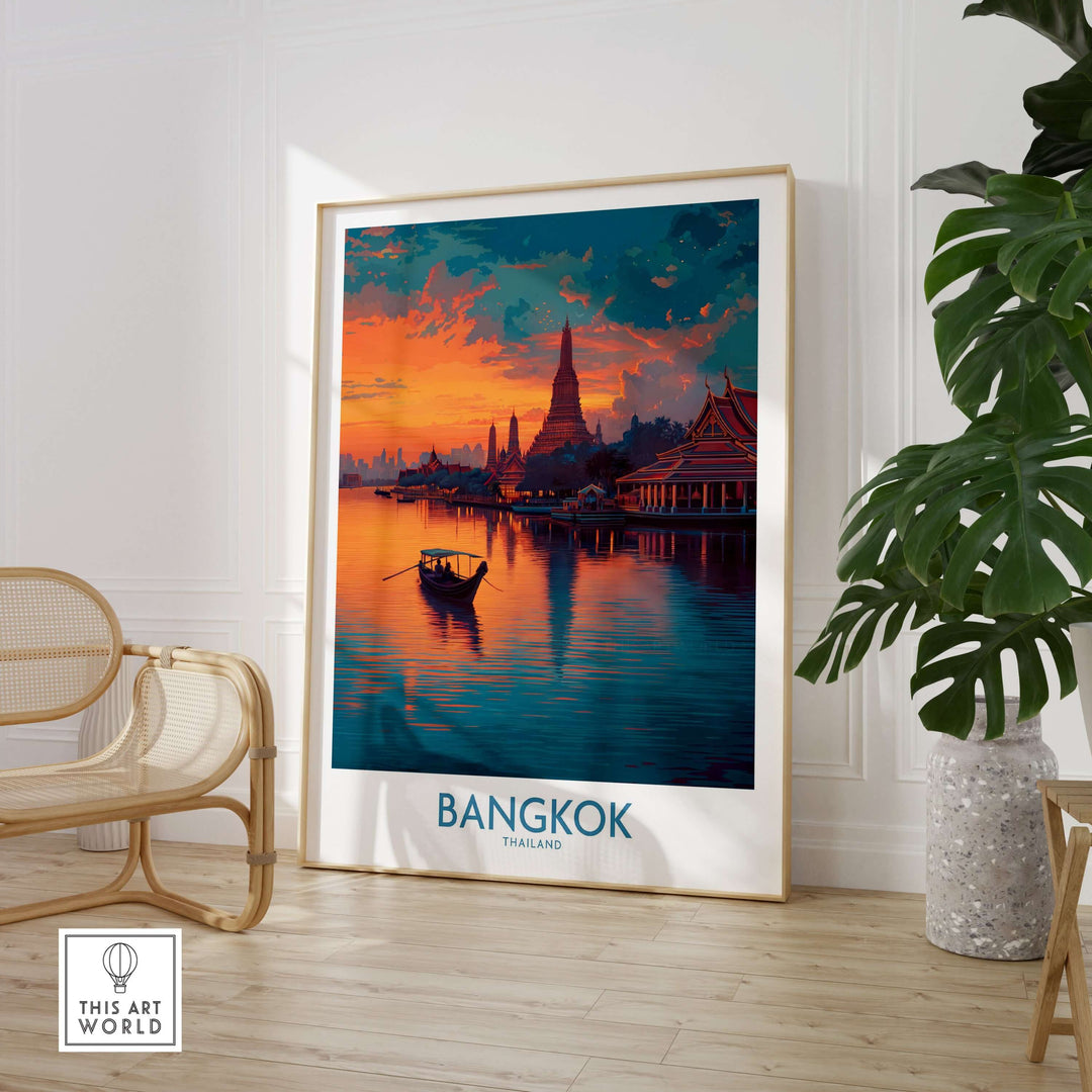 Bangkok poster featuring a serene riverboat at dusk and iconic Thai landmarks in vibrant colors.