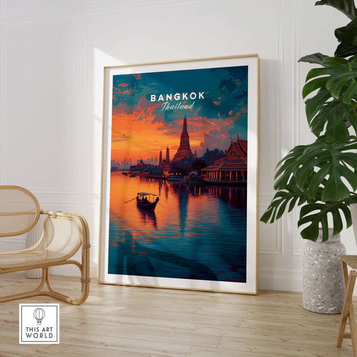 Bangkok Wat Arun sunset reflection print wall art showcasing a serene cultural landmark in warm hues.