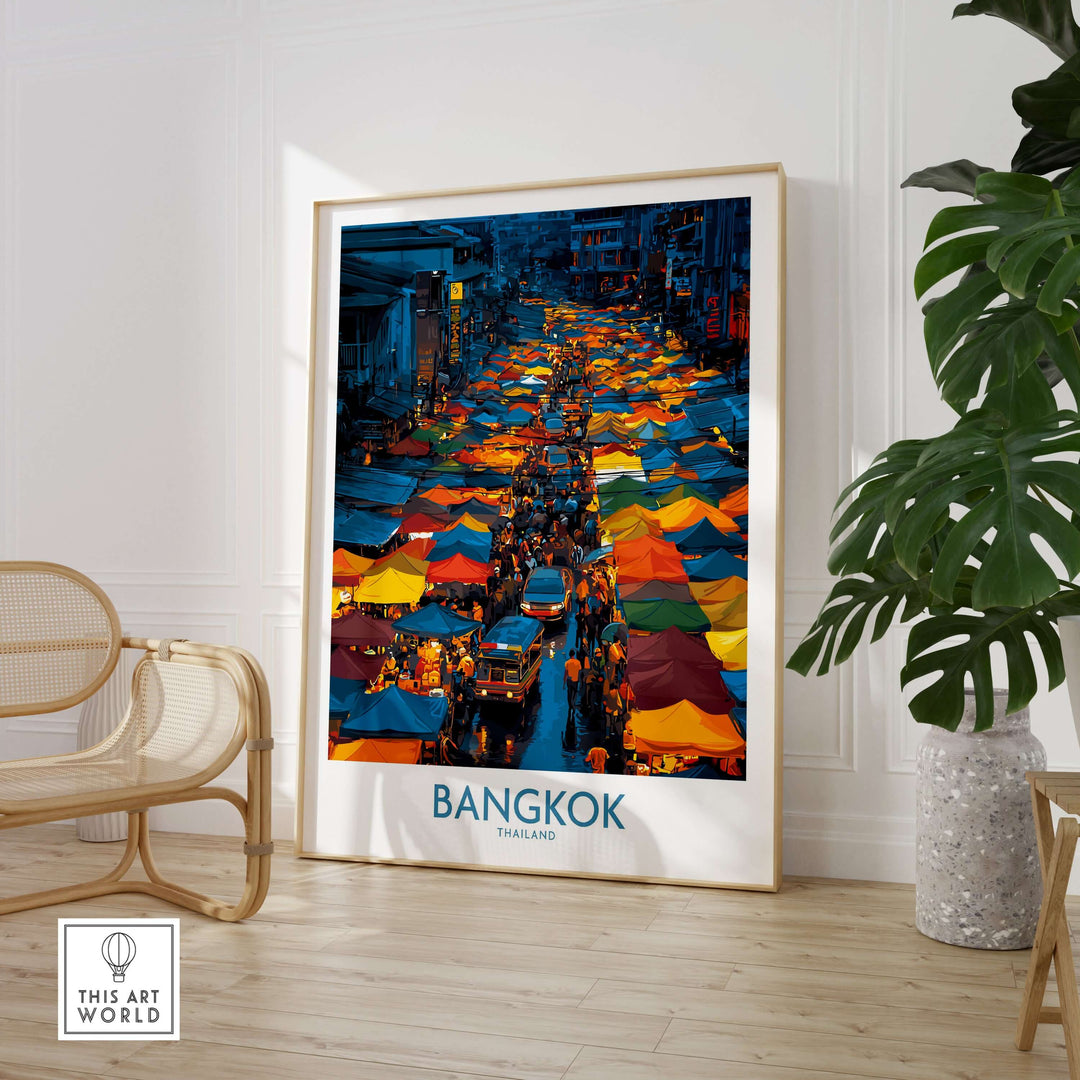Bangkok Thailand market vendors wall art showcasing vibrant market stalls and lively culture in a stylish interior setting.
