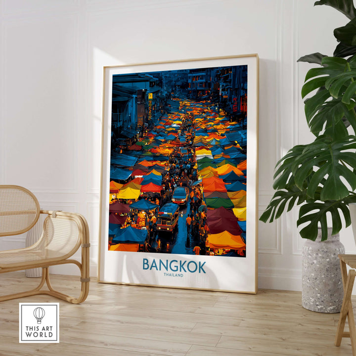Bangkok Thailand market vendors wall art showcasing vibrant market stalls and lively culture in a stylish interior setting.