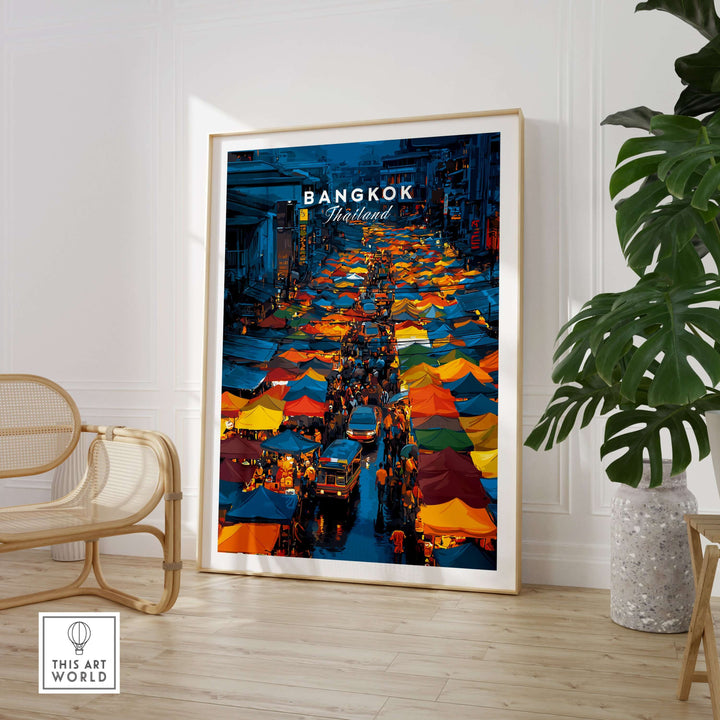 Bangkok Thailand night market overhead poster showcasing vibrant stalls and bustling street scene in a framed print.
