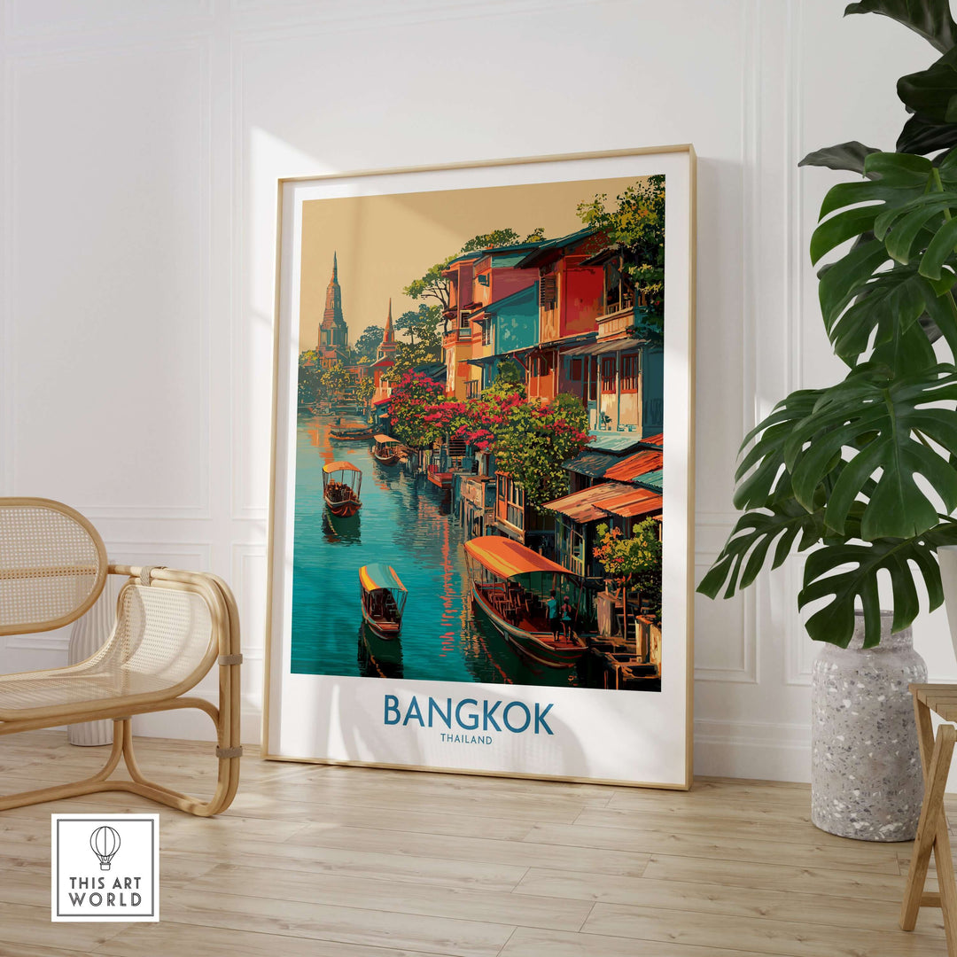 Vibrant Bangkok Thailand poster featuring floating market with boats and colorful buildings, ideal for travel decor.