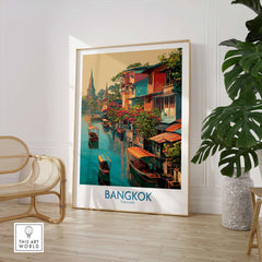 Bangkok Thailand Poster - Floating Market Travel Print showcasing vibrant waterways and colorful boats in a stylish interior.