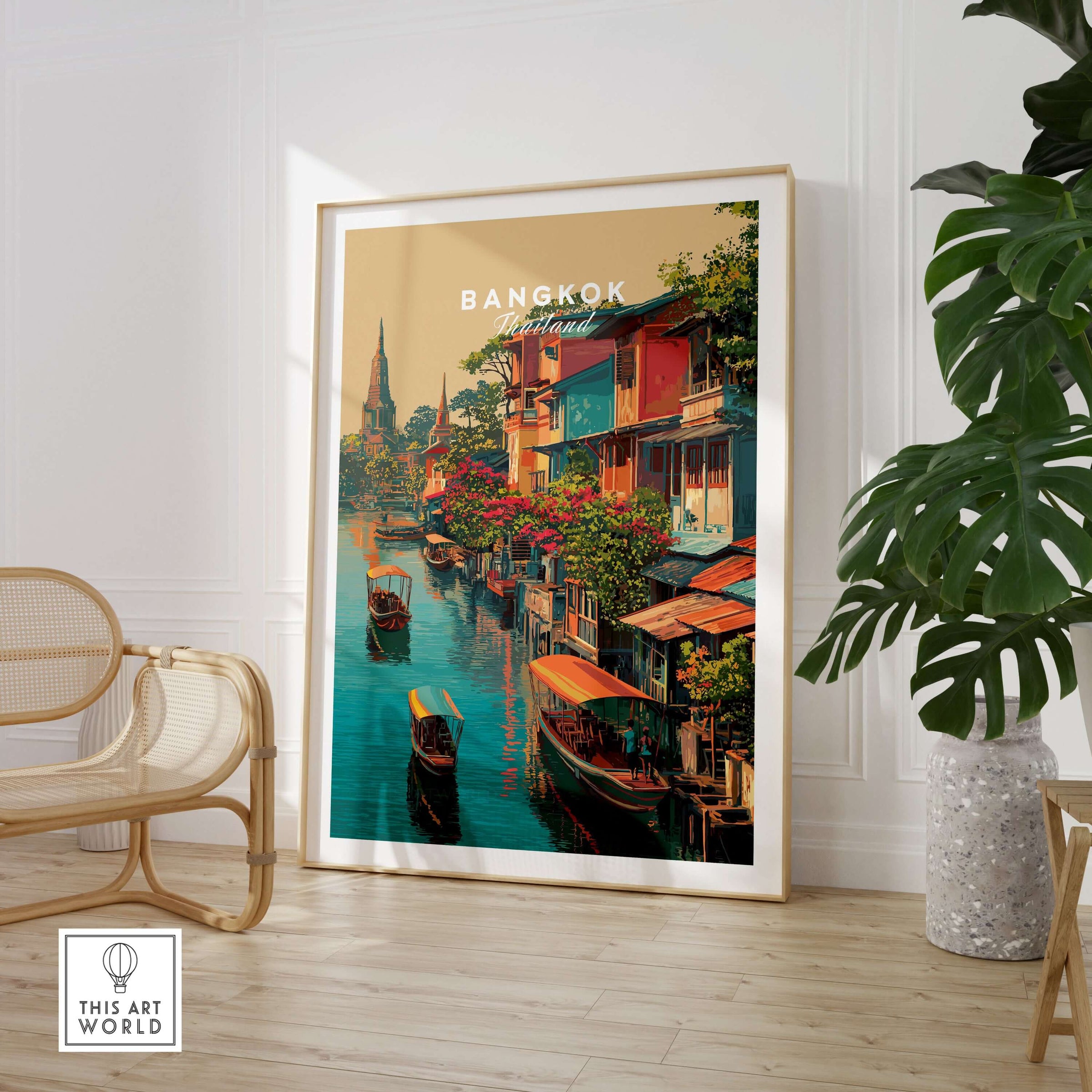 Bangkok Thailand Klong Canal Houses Print - Traditional Thai Village Wall Art displayed in modern interior setting.